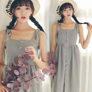 Plaid Shoulder-tie Buttoned A-line Dress