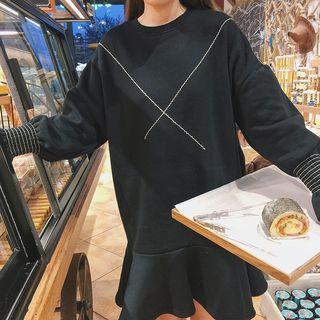 Embroidered Ruffle Hem Pullover Dress Black - One Size