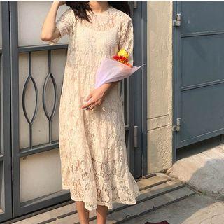 Set: Plain Slipdress + Lace Short-sleeve Midi A-line Dress Almond - One Size