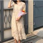 Set: Plain Slipdress + Lace Short-sleeve Midi A-line Dress Almond - One Size