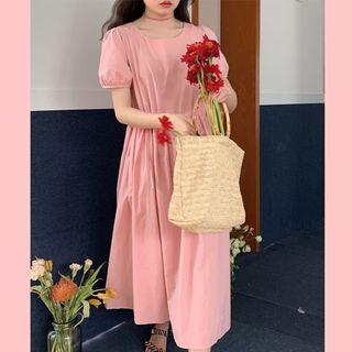 Short-sleeve Crew-neck Midi A-line Dress Pink - One Size