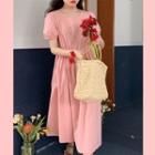 Short-sleeve Crew-neck Midi A-line Dress Pink - One Size