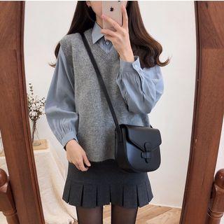 Plain Shirt / V-neck Knit Vest / High Waist Pleated Skirt
