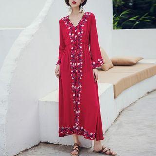 Long-sleeve Floral Embroidered Drawstring-waist Midi A-line Dress