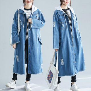 Distressed Hooded Midi Denim Coat