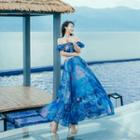 Off-shoulder Gather-waist Patterned Maxi Dress