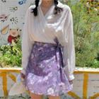 Long-sleeve Wrap Blouse / Floral Print Mini A-line Skirt