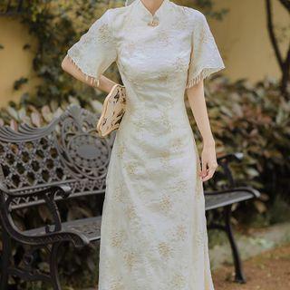 Short-sleeve Fringed Midi A-line Qipao Dress