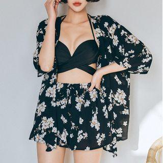 Set: Bikini Top + Floral Print Shorts + Cover-up
