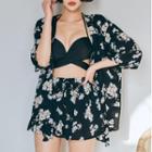 Set: Bikini Top + Floral Print Shorts + Cover-up