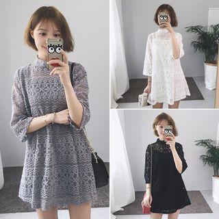 Set: Elbow-sleeve Lace Mini A-line Dress + Slipdress