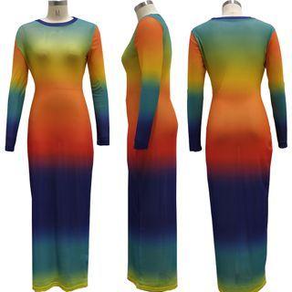 Long-sleeve Gradient Maxi Mesh Dress