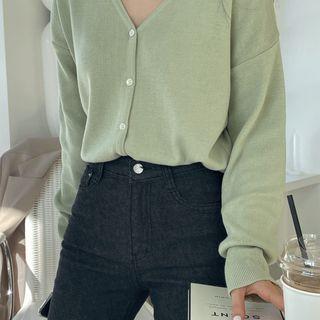 V-neck Cardigan Yellow Green - One Size