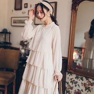 Lace-up Back Long-sleeve Tiered Dress
