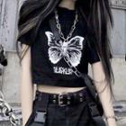 Short Sleeve Butterfly Print Cropped T-shirt Black - One Size