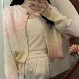 Two-tone Cropped Cardigan Milky White & Pink & Blue - One Size