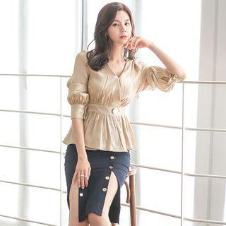 Set: Lantern-sleeve Top + Slit Mini Sheath Skirt