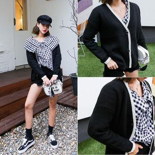 V-neck Contrast-trim Chunky Cardigan