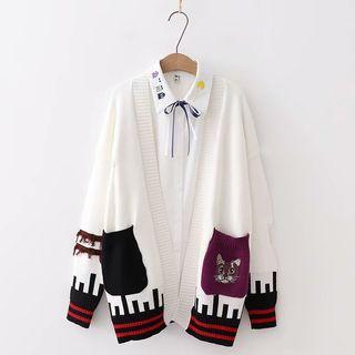 Cat Embroidered Open Front Cardigan
