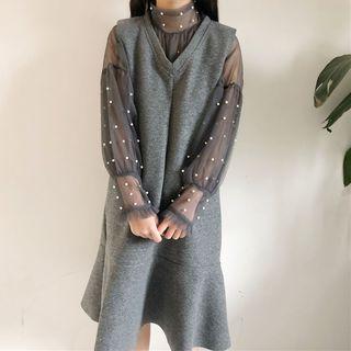 Set: Embellished Long-sleeve Top + Ruffle Hem Midi Pinafore Dress