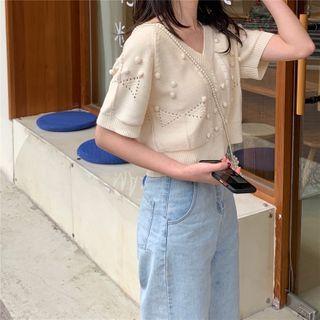 Short-sleeve Knit V-neck Crop Top