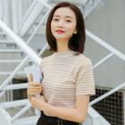 Short-sleeve Striped Mock Neck Knit Top