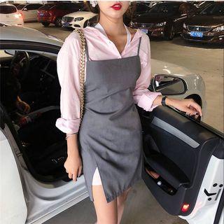 Plain Long-sleeve Shirt / Slit Strappy Dress