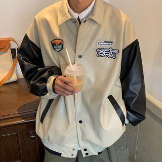 Faux Leather Panel Color Block Baseball Jacket