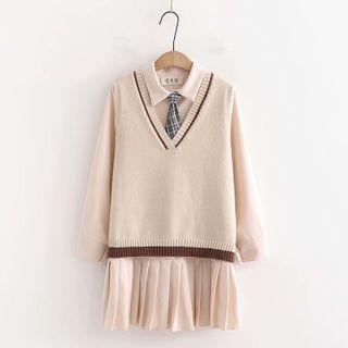 Set: Long-sleeve Mini Collared Dress + Sweater Vest