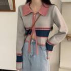 Color Block Zipped Knit Jacket Gray & Pink & Dark Blue - One Size