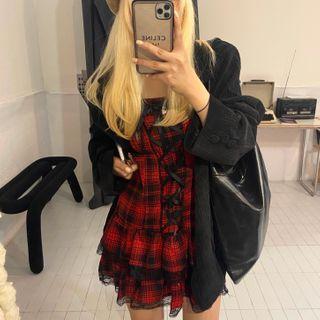 Lace-up Plaid Spaghetti Strap Mini Dress / Plain Jacket