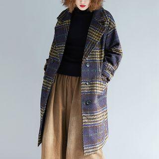 Plaid Double Breasted Long Coat As Shown In Figure - One Size