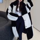 Color Block Fleece Long Coat Black & White - One Size