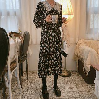 Long Sleeve Lace Collar Floral Printed Dress