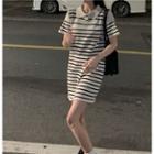 Short-sleeve Striped Mini Polo Shirt Dress Almond - One Size
