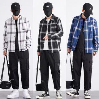 Set: Plaid Shirt + Straight-leg Cargo Pants + Sweatshirt