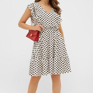 Short-sleeve Dotted V-neck A-line Dress