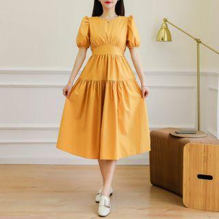 Puff-sleeve Tie-back Midi A-line Dress