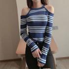 Cold Shoulder Striped Knit Top Stripes - Blue & White - One Size