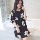 Elbow-sleeve Floral Print Mini A-line Dress White Flowers - Black - One Size