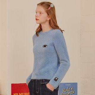 Appliqu -detail Fluffy Knit Top Light Blue - One Size