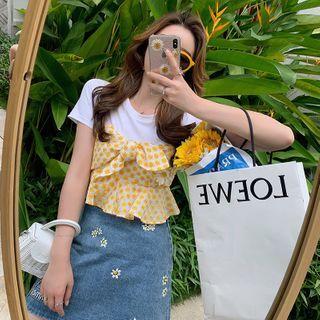 Plain Short-sleeve T-shirt / Floral Embroidered Cropped Camisole Top / Mini A-line Skirt