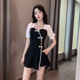 Set: Short-sleeve Lace Trim A-line Dress + Shorts