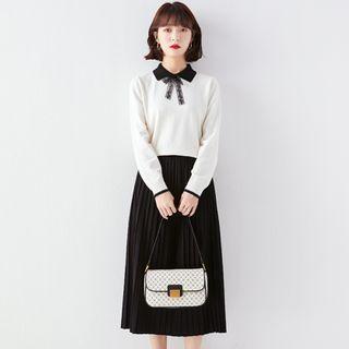 Set: Long-sleeve Collared Knit Top + Pleated Midi A-line Skirt