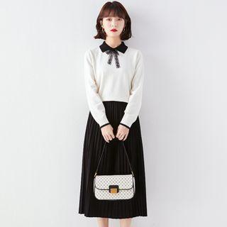 Set: Long-sleeve Collared Knit Top + Pleated Midi A-line Skirt