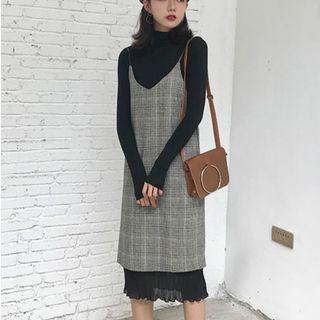 Set: Mock Neck Long Sleeve T-shirt + Plaid Spaghetti Strap Dress