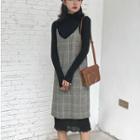 Set: Mock Neck Long Sleeve T-shirt + Plaid Spaghetti Strap Dress