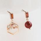 Non-matching Bead & Hexagon Dangle Earring 1 Pair - Red & Gold - One Size