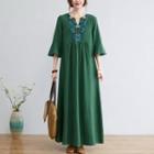 Flared-sleeve Embroidered Maxi Shift Dress
