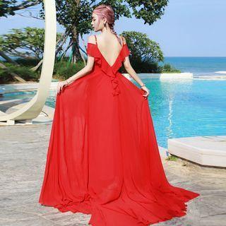Off Shoulder Backless Ruffle Maxi Dress